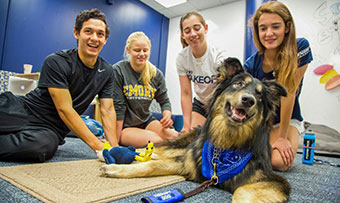 Students poses with one of Emory's therapy dogs