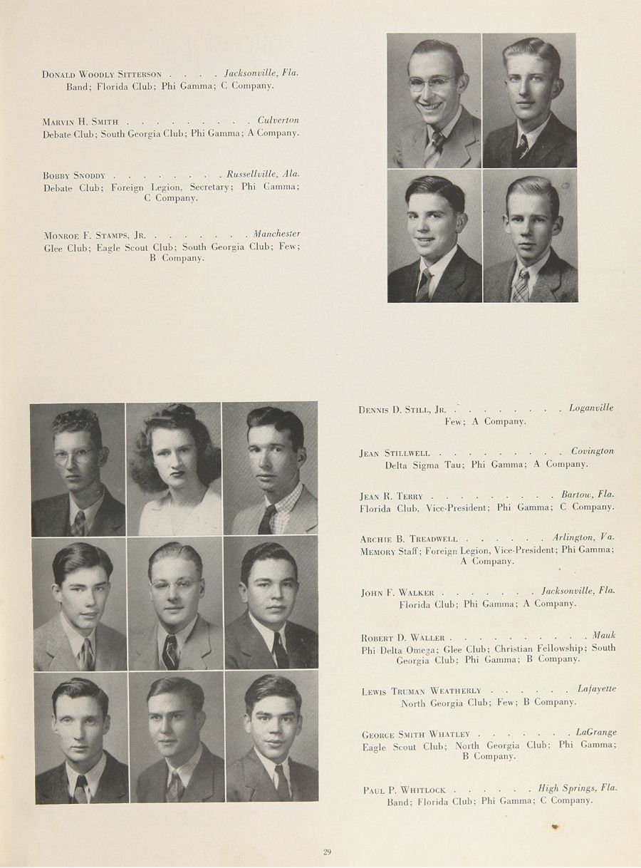 Emory Memory yearbook, 1943. Stillwell is surrounded by male classmates.