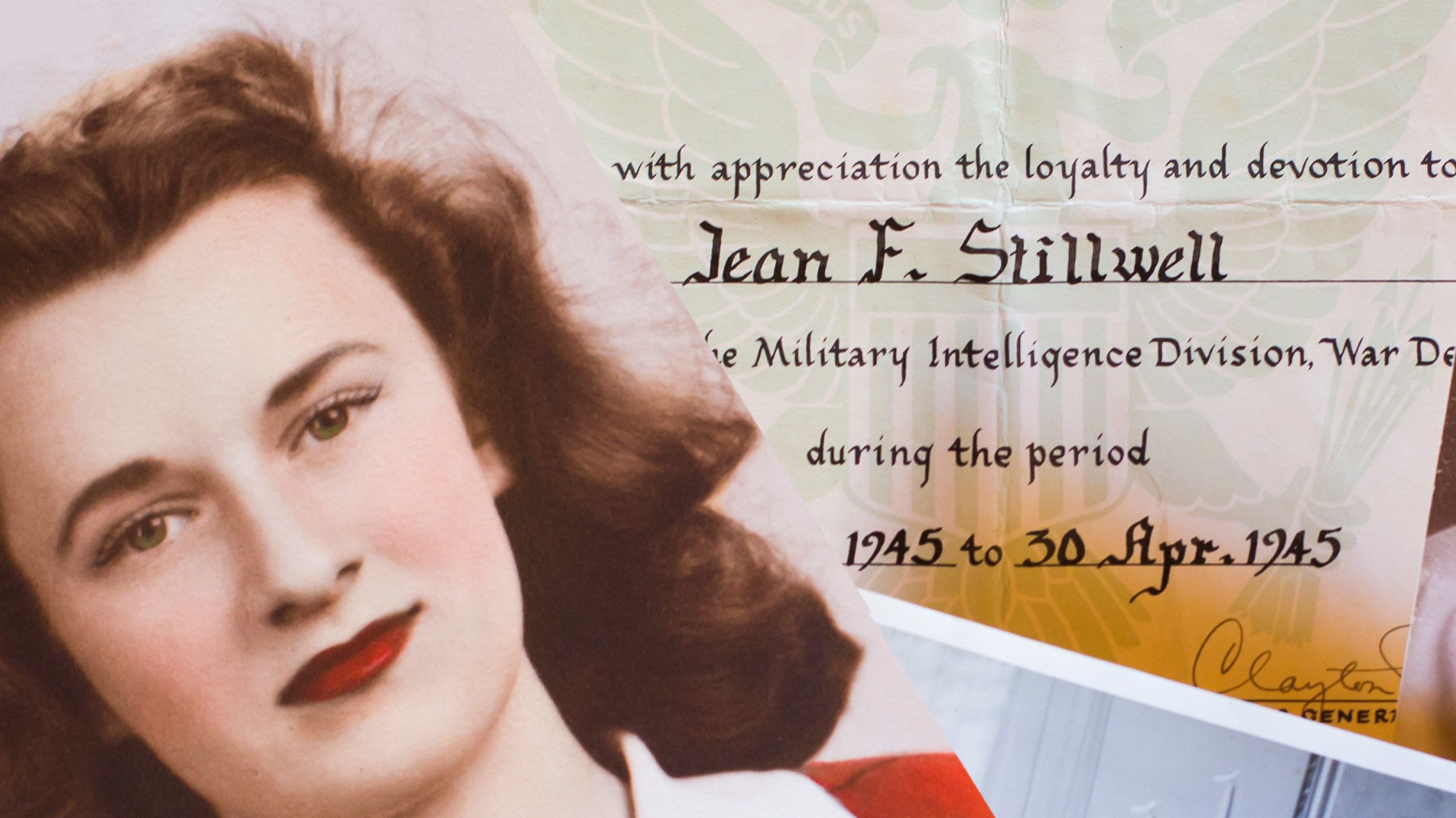 Portrait photo and Military Intelligence Division service appreciation certificate to Jean F. Stillwell