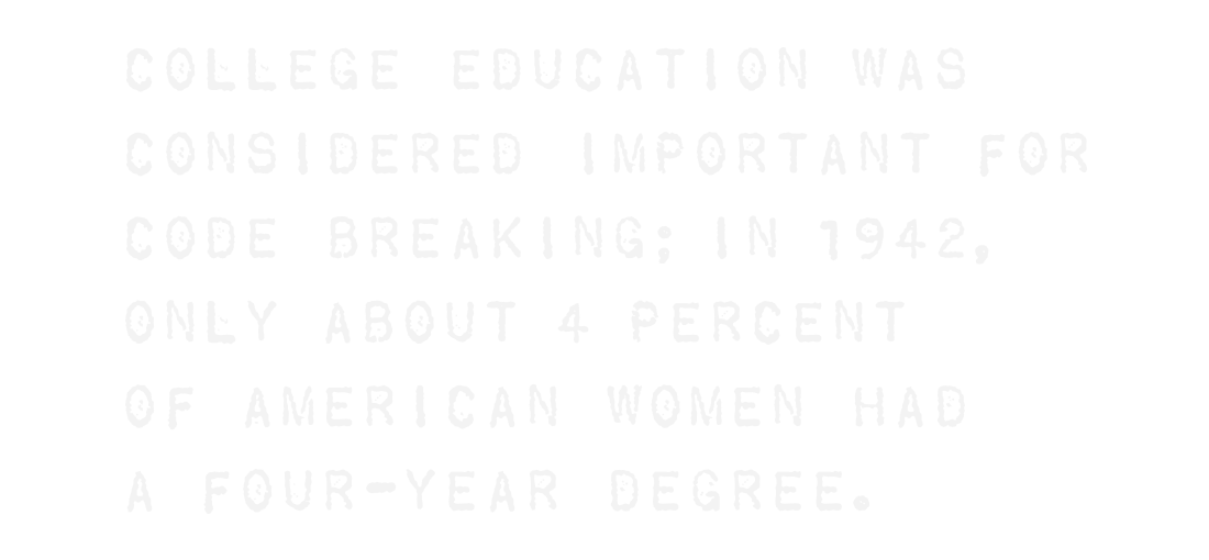 A college education was considered important for code breaking; in 1942, only about 4 percent of American women had a four-year degree.