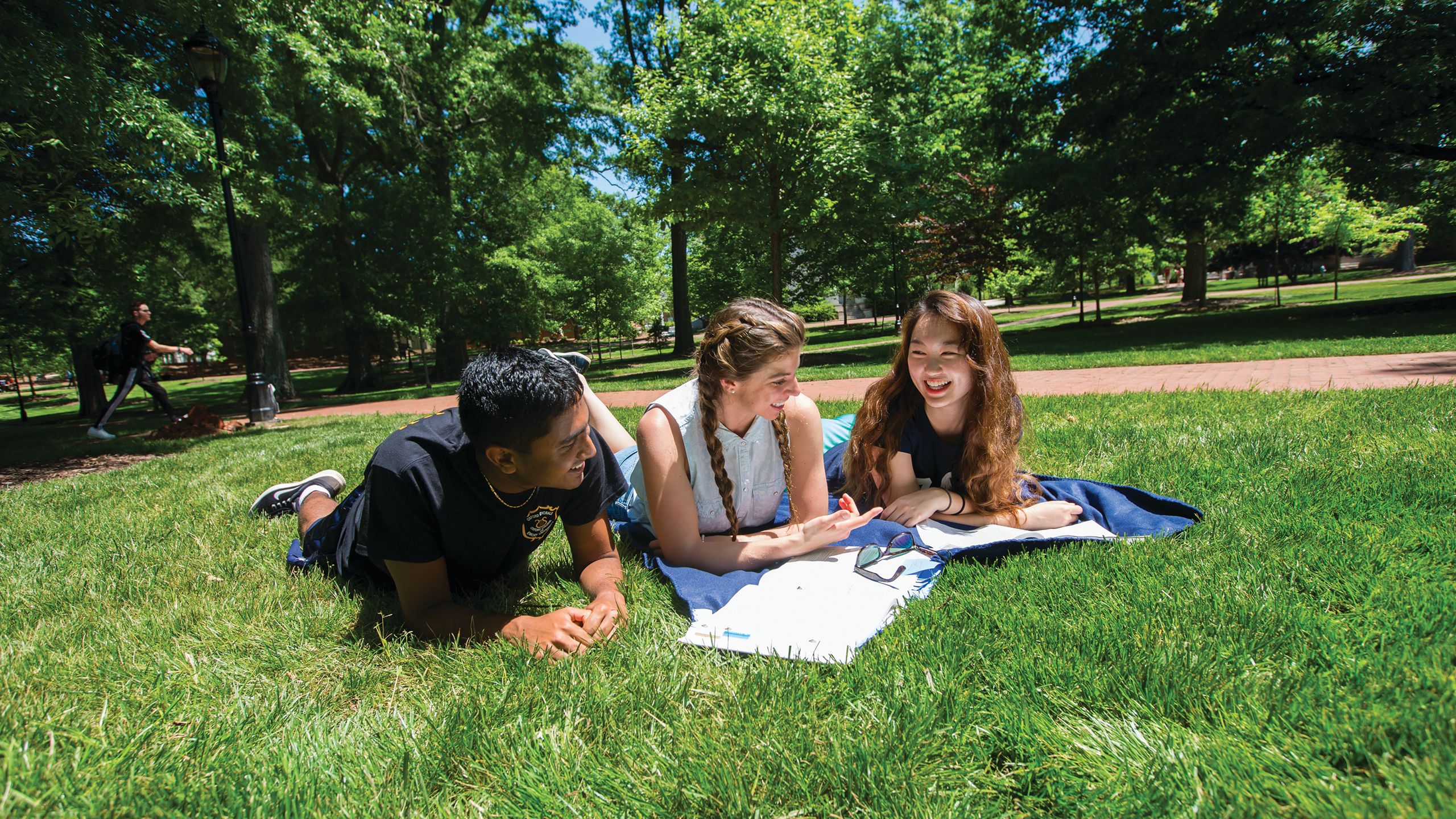 Students laying in grass talking