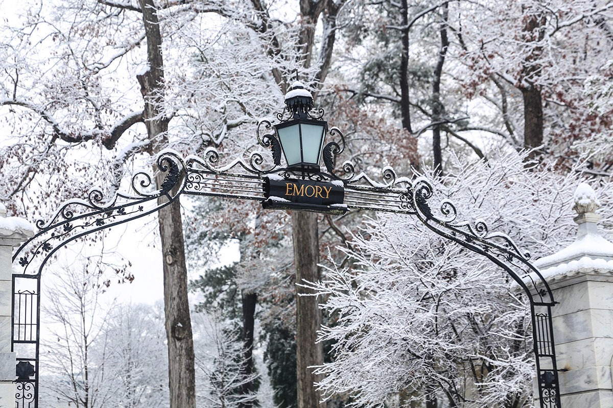 Emory entrance gate is iced over